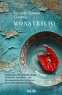 Buchtitel von Gerardo Sámano Córdova: "Monstrilio". Blau gesprungene Wand, Schale mit rotem, augenartigem Objekt.