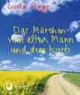 Text: "Das Märchen vom alten Mann und dem Korb" von Gisela Rieger. Ein Feldweg führt durch ein gelbes Blütenfeld unter blauem Himmel.