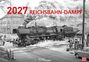 "2027 REICHSBAHN-DAMPF" in großen roten Buchstaben über einer dampfenden Dampflokomotive an einem Bahnübergang.