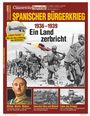 "Spanischer Bürgerkrieg: 1936–1939. Ein Land zerbricht." Schwarz-weißes Foto von Soldaten. Bild von Franco und Kriegsmaschinerie.