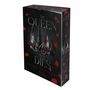 "The Queen of All That Dies" steht auf einem dunklen Buchcover mit rotem Akzent, krönender Illustration.