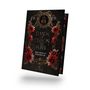 „Dawn of Chaos and Fury“ von Melissa K. Roehrich. Schwarzer Hintergrund mit roten Blumen, goldenen Verzierungen und Totenköpfen.