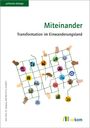 "Miteinander. Transformation im Einwanderungsland." Illustration: Hände halten ein Netz mit Symbolen aus verschiedenen Bereichen.