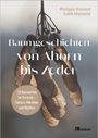 Titel: "Baumgeschichten von Ahorn bis Zeder". Illustration mit Ahorn-Samen, 18 Baumarten im Fokus, Logo unten rechts.