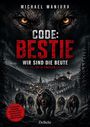 "CODE: BESTIE. WIR SIND DIE BEUTE. Ein Rudel Wölfe greift im Schnee vor einem Dorf und einer Einrichtung mit Biohazard-Symbol an."