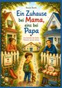 Titel: Ein Zuhause bei Mama, eins bei Papa. Mutter links, Vater rechts, Kind in der Mitte, auf dem Weg zwischen zwei Häusern.