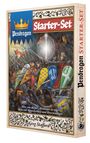 "Pendragon Starter-Set", gefolgt von Rittern mit bunten Schilden und Schwertern in einer Schlachtszene.
