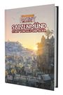 „SALZENMÜND: Stadt von Salz und Silber“; düstere Stadtlandschaft im Sonnenuntergang, Turm mit komplexen Details.