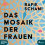 Text: "Das Mosaik der Frauen", "Rafik Schami". Hintergrund: Buntes geometrisches Mosaik mit Blau- und Beigetönen.