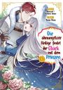 "Die ahnungslose Heilige findet ihr Glück mit dem Prinzen." Zwei Figuren: ein Mann in Rüstung, eine Frau im blauen Kleid, Rosen.