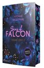 „Yvonne Westphal – Sins of Falcon, Vegas Love 2.“ Neon-Pink-Schrift auf dunklem, floralem Hintergrund.