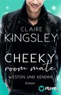 "Claire Kingsley, CHEEKY room mate, Weston und Kendra, Roman." Halbnahaufnahme eines Mannes in einer Lederjacke.