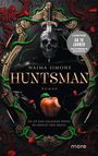 "Lesefempehlung AB 18 JAHREN. Naima Simone: HUNTSMAN. Sie ist eine geladene Waffe. Er drückt den Abzug." Ein Apfel mit Biss, umgeben von einem goldenen Rahmen, Dolch und Schädel.