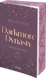 Text: Bella Page, Darkmore Dynasty, Delicate Promises, Roman. Stilvolles Design mit floralen Mustern und funkelnden Lichtern.