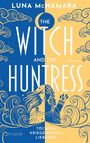 Buchtitel: "The Witch and the Huntress". Illustration mit Frau, dekorativen Wolken und halbmondartigem Design in Blau und Gelb.