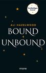 Text: "Vorläufiges Cover", "Ali Hazelwood", "Bound", "Unbound", "more". Schwarzer Hintergrund mit goldenen Sternen.