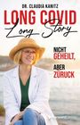 Oben im Bild steht "DR. CLAUDIA KANITZ LONG COVID Long Story". Eine lächelnde Frau mit Strohhut und roter Brille.