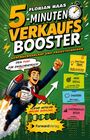 „5-Minuten Verkaufsbooster“, kräftige Farben, Mann im Anzug mit Rakete, Uhr, bunte Notizen.