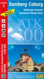 ATK100 3, Bamberg-Coburg, Haßberge, Kronach, Kulmbach, Kloster Banz. Freizeit im Überblick. Karte 1:100 000. Bayerische Landschaft und Brücke.