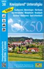 "Kneippland® Unterallgäu" und Städtenamen auf blauem Hintergrund. Eine Landschaft mit Gebäuden und ein Wappen unten.