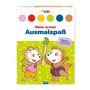 „Mein erster Ausmalspaß. Wassermalfarben auf jeder Seite!“ Zwei fröhliche Tierkinder halten einen großen Pinsel.