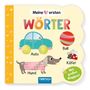 Kinderbuch mit "Meine ersten WÖRTER", Bild eines Autos, Balls, Hundes, Käfers. Hinweise "Mit großen Klappen!" enthalten.