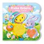 "Frohe Ostern, liebe Tiere! Fühlen und Kuscheln." Eine niedliche Illustration mit Küken und Hase umgeben von Ostereiern.