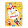 „Alles Gute zum Schulstart“, bunte Buchstaben und Tiere wie Maus, Eichhörnchen und Hund mit Schultüte auf gelbem Hintergrund.