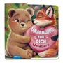 "Umarmung für dich, Waldtiere". Ein lächelndes Bärenjunges und ein Fuchs halten ein rosa Herz.