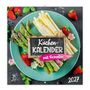 Text: "Küchen-Kalender mit Rezepten" und "2027".  
Grüner Teller mit Spargel, Erdbeeren und Basilikumblättern.