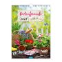 Text "Gartenfreunde 2027". Bunte Frühlingsblumen, Gartengeräte, Handschuhe und Zaun in einem fröhlichen Gartenmotiv.
