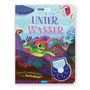 "UNTER WASSER" in großen bunten Buchstaben. Bunte Meereslebewesen, Schildkröte und Oktopus. Logo unten: TRÖTSCH.
