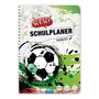 "Mein wissenswert organisierter Wochen-Schulplaner 2026/27." Illustration: Skizze eines Fußballs auf grünem Hintergrund.