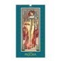 "2027" und "ALFONS MUCHA" auf einem Kalender mit kunstvollem Jugendstil, zeigt eine elegante Frau in detailliertem Gewand.