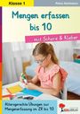 Oben: "Mengen erfassen bis 10 ... mit Schere & Kleber". Unten: "Altersgerechte Übungen". Kind bastelt mit Kleber.