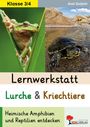 "Klasse 3/4", "Axel Gutjahr", "Lernwerkstatt Lurche & Kriechtiere", "Heimische Amphibien und Reptilien entdecken". Links ein Frosch, rechts eine Schildkröte.