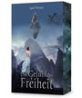 "Das Gefühl der Freiheit", "April Wynter". Frau in blauem Kleid auf steinigem Weg, schwebende Insel, Drache im Himmel.