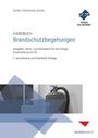"Handbuch Brandschutzbegehungen," mit einem Feuerlöscher, geometrische Formen und ein blaues Logo rechts oben.