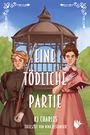 „Eine tödliche Partie“ von KJ Charles, übersetzt von Nina Restemeier. Zwei Frauen, eine mit Gewehr, eine mit Buch, vor Pavillon.