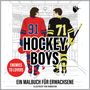 "Hockey Boys", "Enemies to Lovers", "Ein Malbuch für Erwachsene". Zwei Hockeyspieler in Rot und Schwarz von hinten in einer Umkleide.