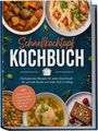 Aufschrift: „Schnellkochtopf Kochbuch.“ Essenabbildungen: Eintopf, Pasta, Hülsenfrüchte, Hähnchenkeule, Dessert.