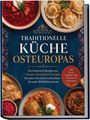 Titel: Traditionelle Küche Osteuropas. Fotos von Borscht, Pelmeni, gefülltem Kohl und Brot auf dunkelblauem Hintergrund.
