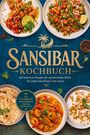 „Sansibar Kochbuch: Die leckersten Rezepte der sansibarischen Küche.“ Exotische Gerichte und Gewürze umgeben den Text.