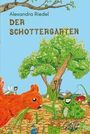 „Alexandra Riedel, DER SCHOTTERGARTEN“. Illustration eines Gartens mit Tieren und Werkzeugen, z.B. ein großes rotes Eichhörnchen.