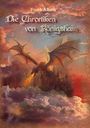 "Frank Albers, Die Chroniken von Königshain." Ein Drache speit Feuer über einer Burg, umgeben von Wolken und Sonnenuntergang.