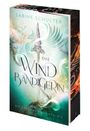 „Sabine Schulter: Die Windbändigerin. Die Chroniken von Atulis 3.“ Illustration mit Speer und magischen Wellen.