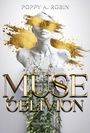 "MUSE of OBLIVION", Autor: Poppy A. Robin. Eine weiße Statue mit goldenen Pinselstrichen und Efeu.