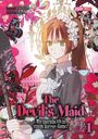 "The Devil's Maid. Wie überlebe ich in einem Horror-Game? 1." Illustration mit Mädchen, Blumen, und Schaufel.