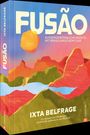 FUSÃO: Außergewöhnliche Rezepte mit brasilianischem Flair. Bunte Illustration von Bergen und Fluss im Sonnenuntergang.