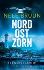 "Nele Bruun, Nord Ost Zorn, Flensburgkrimi, Küstenkrimi." Eine Möwe fliegt über einem Leuchtturm und einer Küstenstadt.